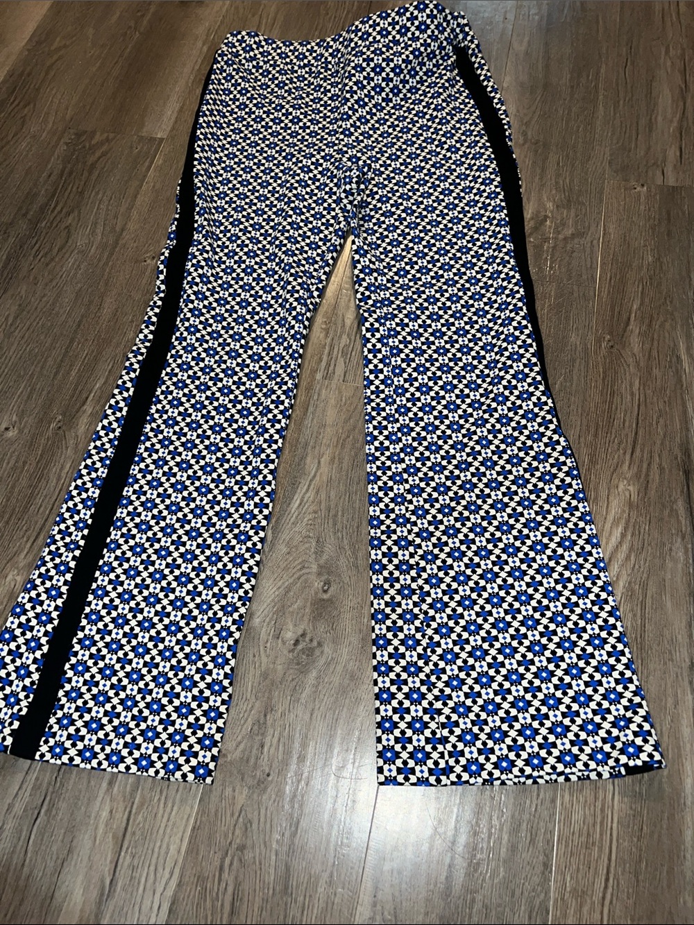 Maeve Geometric Ponte Flare Disco Pants by Anthropologie Blue Print Size med